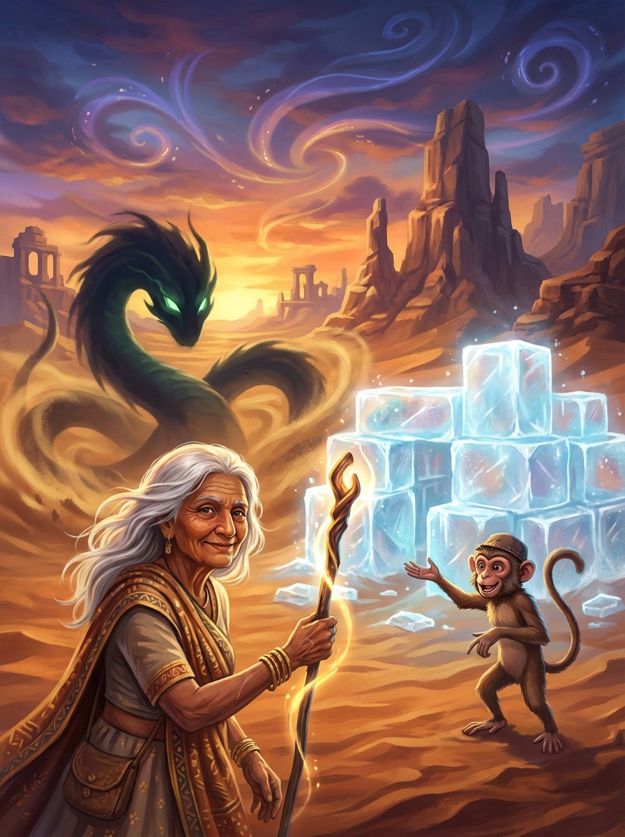 एक तपते रेगिस्तान के बीच में एक समझदार दादी और एक नटखट बंदर ने मिलकर मेहनत से बर्फ का एक अनोखा और ठंडा घर (इग्लू) बनाया। दोनों ने दूर-दूर से बर्फ लाकर, अपनी एकता और धैर्य से इस नामुमकिन काम को मुमकिन कर दिखाया। 