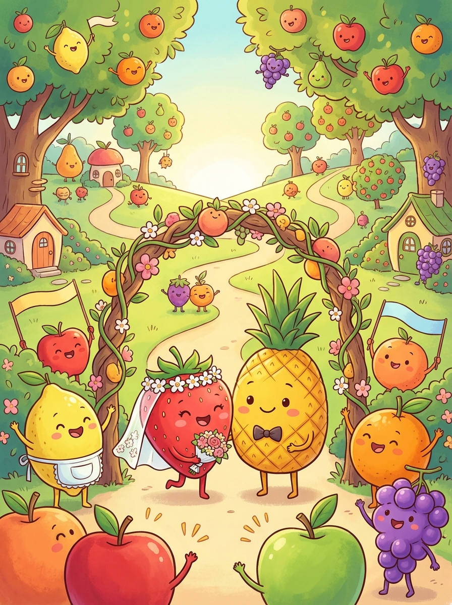 Une fraise et un ananas qui se marient pendant que les autres fruits applaudissent.